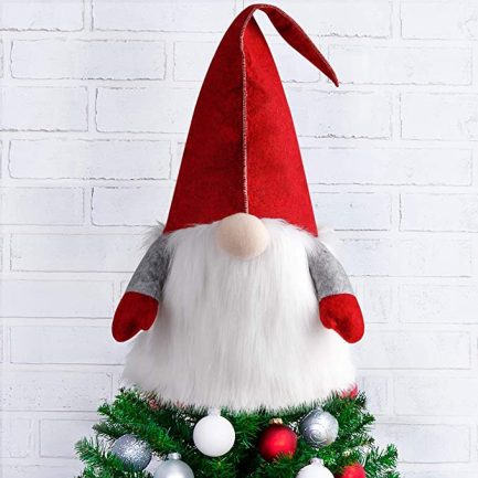 Puntale per Albero di Natale a forma di Gnomo Svedese con Cappello Rosso Felpato Topper per Decorazioni Natalizie e Addobbi albero - immagine 2