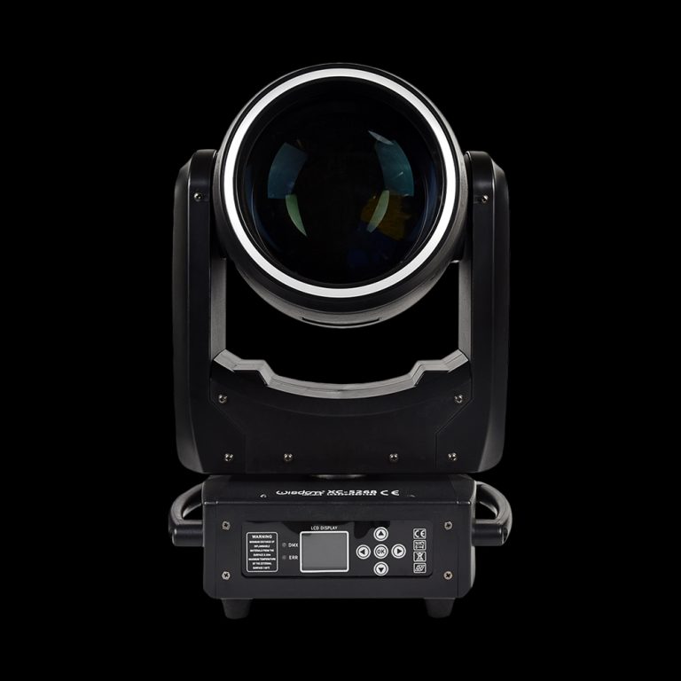 Testa Mobile Beam-Spot ALED 300W in Prospettiva Frontale su Sfondo Nero