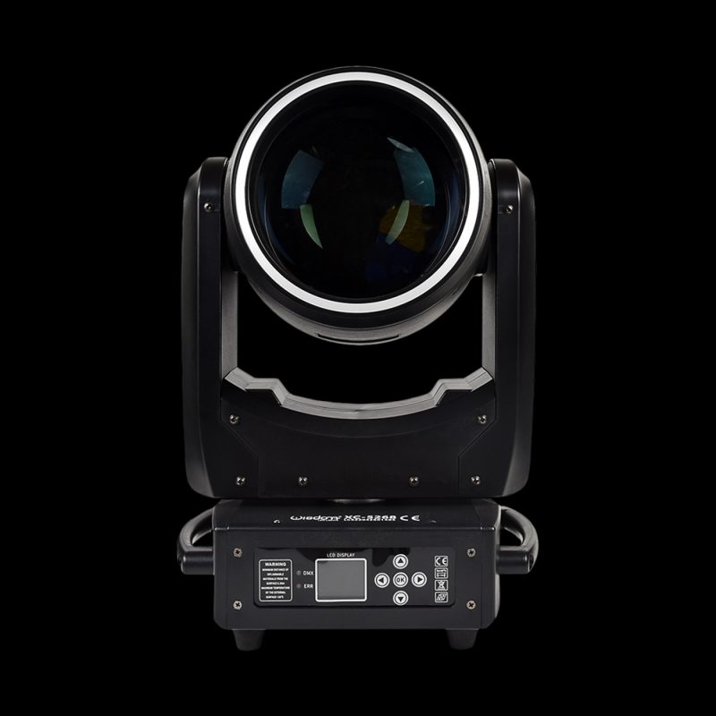 Testa Mobile Beam-Spot ALED 300W in Prospettiva Frontale su Sfondo Nero