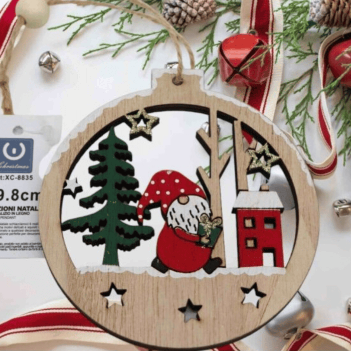 Addobbo Pendente Natalizio A Forma Ovale In Legno Da Appendere Con Casetta E Babbo Natale