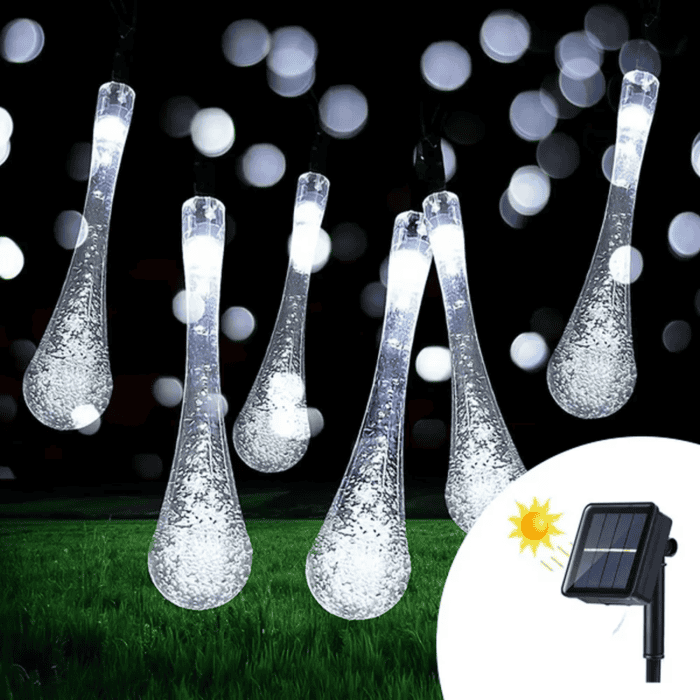 Catena Luminosa Solare Di Natale A Forma Di Goccia A 50 LED Con 8 Giochi Di Luce Per Uso InternoEsterno Luce Bianca 3