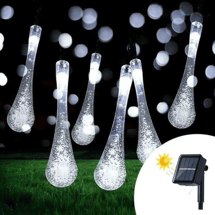 Catena Luminosa Solare Di Natale A Forma Di Goccia A 50 LED Con 8 Giochi Di Luce Per Uso InternoEsterno Luce Bianca 3