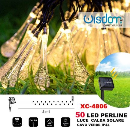 Catena Luminosa Solare di Natale a Forma di Goccia a 50 LED con 8 giochi di Luce per uso Interno/Esterno (Luce Calda) - immagine 4