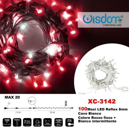 Catena Luminosa di Natale a 100 LED con Luci fisse e intermittenti per Interno e Esterno Luce Bianca e Rossa - immagine 3