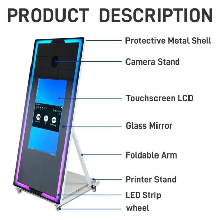 Cabina Portatile Con Ruote Photo Booth Per Selfie Video Specchio Touch Screen Luci LED Con Supporto Fotocamera e Stampante Completo di Flight Case - immagine 6
