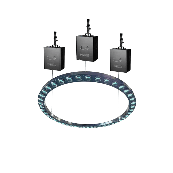 Halo pro kinekt ring anello luminoso di sollevamento LED RGBW con 3 motori altezza max 7 metri incluso flight case wisdom