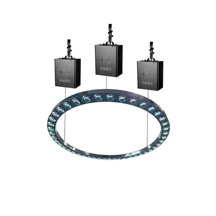 Halo pro kinekt ring anello luminoso di sollevamento LED RGBW con 3 motori altezza max 7 metri incluso flight case wisdom