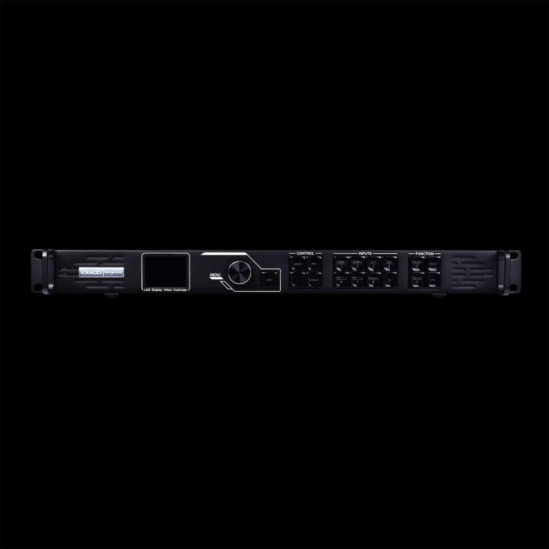 Processore VX400 Novastar per LED Wall Professionali in Prospettiva Frontale su Sfondo Nero
