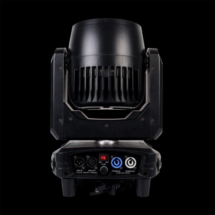 Testa Mobile 7x40W Bee Eye RGBW con Ring Retro in Prospettiva Frontale su Sfondo Nero
