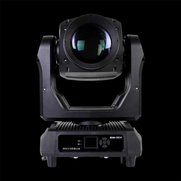 Testa Mobile Mini Sharpy 380W IP65 in Prospettiva Frontale su Sfondo Nero