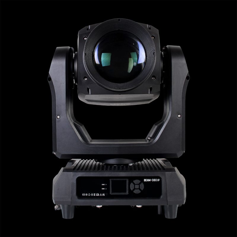 Testa Mobile Mini Sharpy 380W IP65 in Prospettiva Frontale su Sfondo Nero